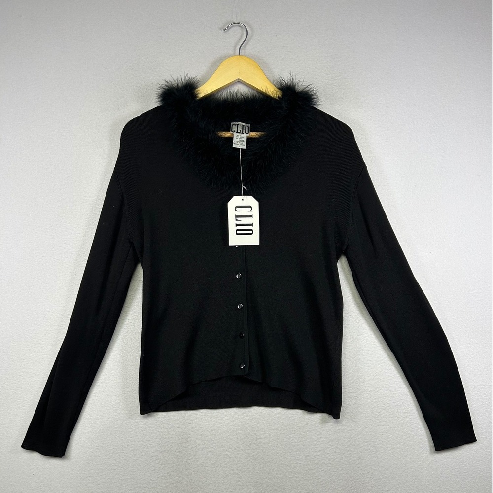 Mob Wife Glam Clio Women Large Black Silk Blend‎ Feather Trim Ribbed Cardigan L
